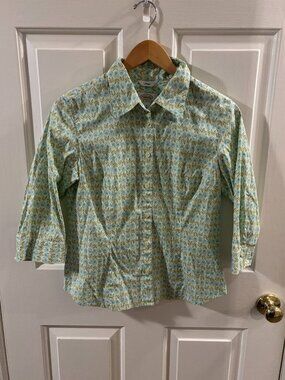 Talbots Women's Green and Blue Floral Print 3/4 Sleeves Button-up Top ~ Small